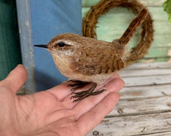 Needle Felted Wren Bird – Handmade Miniature Bird Collectible, Soft Sculpted Wool Art Animal