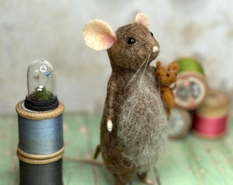 Felted Mouse Sculpture with Toy Bunny – Handmade Welsh Collectible