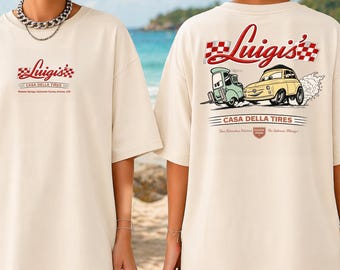 Luigi's Casa Della Tires - T-shirt de voiture rétro - T-shirt graphique de course vintage, impression streetwear dans le dos