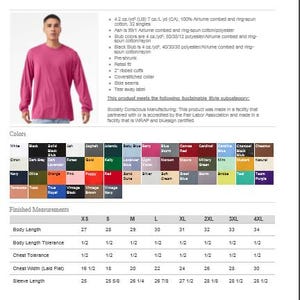 Peut inclure: Un t-shirt &agrave; manches longues en jersey Bella + Canvas 3501 de couleur rose unie. L'image comprend des sp&eacute;cifications techniques, un nuancier avec diverses options de couleurs et un tableau des tailles d&eacute;taill&eacute; avec des mesures en pouces.