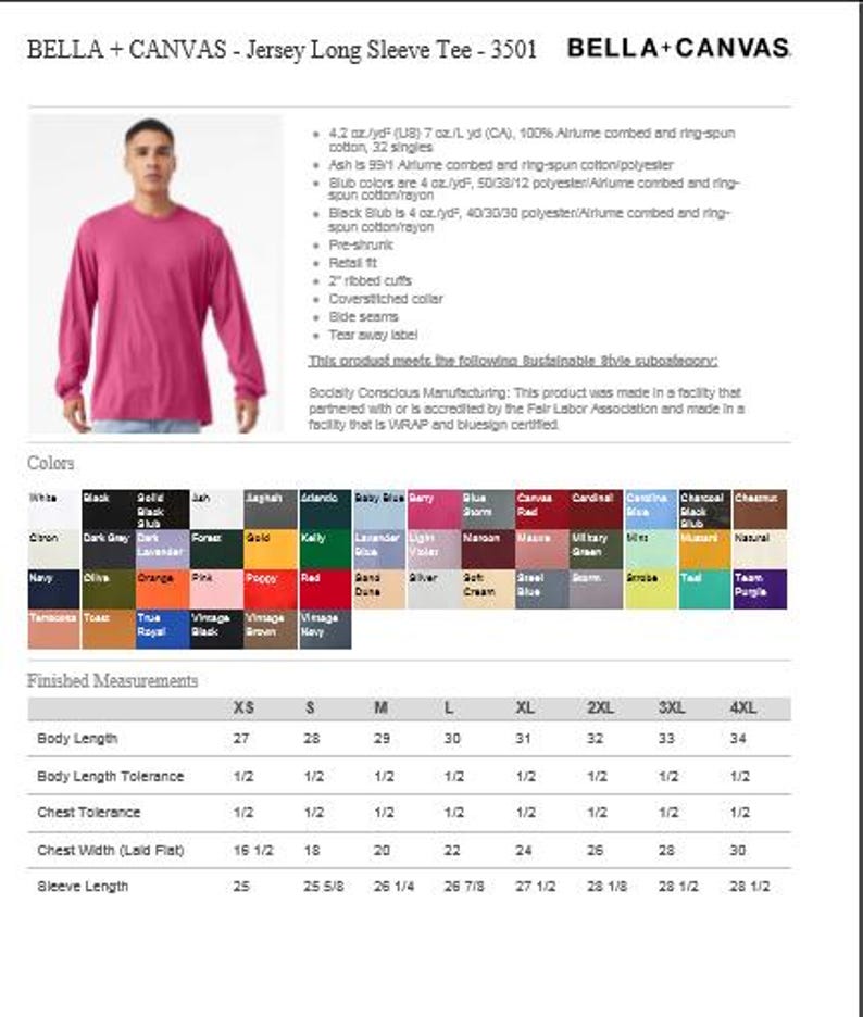 Peut inclure: Un t-shirt &agrave; manches longues en jersey Bella + Canvas 3501 de couleur rose unie. L'image comprend des sp&eacute;cifications techniques, un nuancier avec diverses options de couleurs et un tableau des tailles d&eacute;taill&eacute; avec des mesures en pouces.
