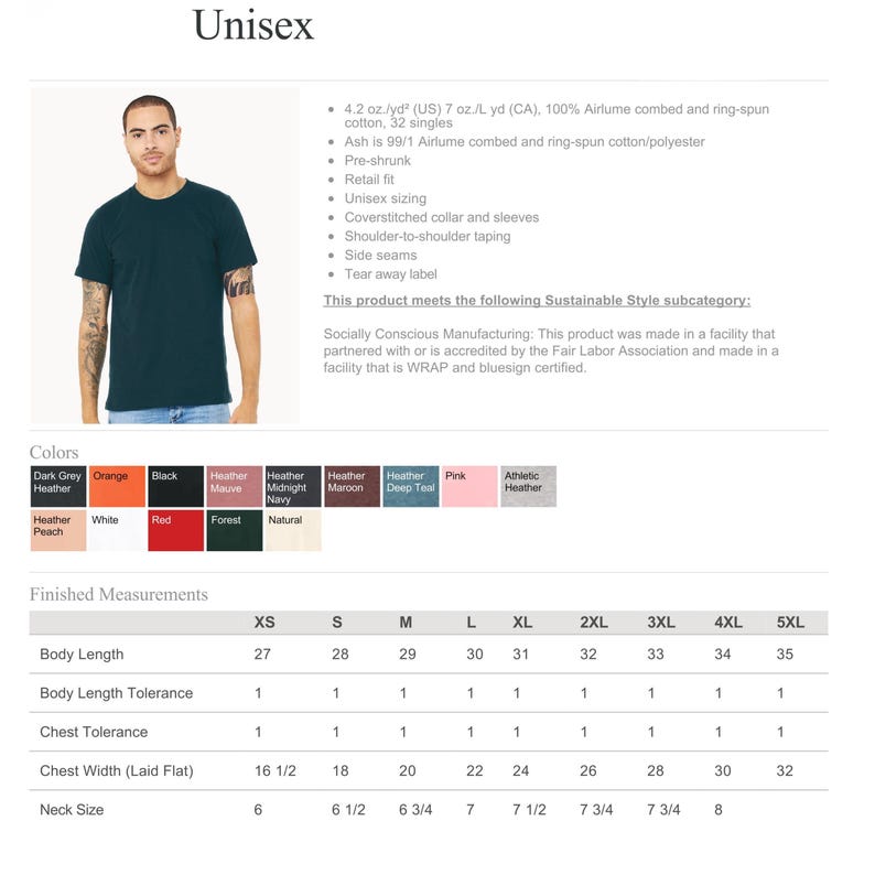 Peut inclure: Un t-shirt &agrave; manches courtes vert fonc&eacute; avec un col rond. L'image comprend une liste de sp&eacute;cifications du produit, un nuancier de couleurs et un tableau des mesures finies en pouces, allant de la taille XS &agrave; 5XL pour la longueur et la largeur.