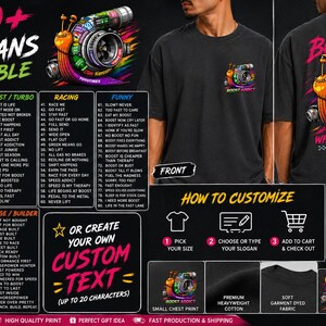 Peut inclure: Un t-shirt noir avec un motif color&eacute; repr&eacute;sentant un escargot int&eacute;gr&eacute; &agrave; un turbocompresseur. Le devant pr&eacute;sente une petite impression sur la poitrine, tandis que le dos affiche une version plus grande du m&ecirc;me motif avec le texte BOOSTED WHY U RUNNING TURBO LIFE.