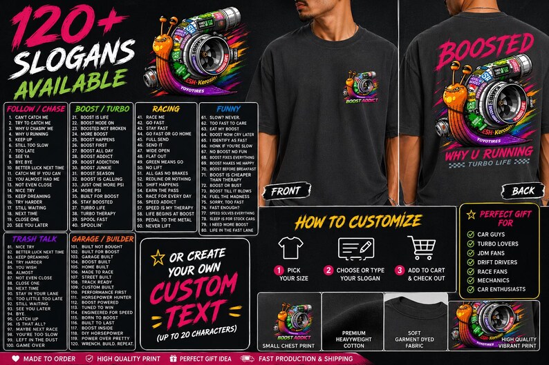 Peut inclure: Un t-shirt noir avec un motif color&eacute; repr&eacute;sentant un escargot int&eacute;gr&eacute; &agrave; un turbocompresseur. Le devant pr&eacute;sente une petite impression sur la poitrine, tandis que le dos affiche une version plus grande du m&ecirc;me motif avec le texte BOOSTED WHY U RUNNING TURBO LIFE.
