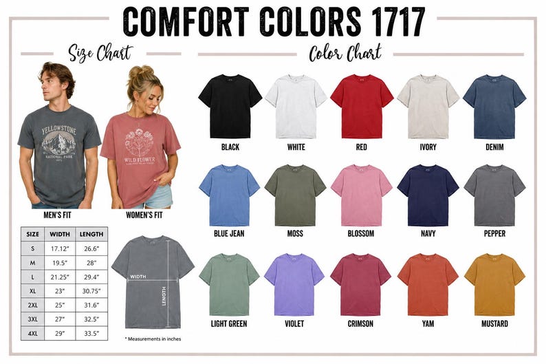 Peut inclure: Tableau des tailles et des couleurs pour le t-shirt Comfort Colors 1717. Comprend un tableau avec les mesures de largeur et de longueur en pouces, deux mod&egrave;les portant des t-shirts graphiques et une grille de quinze t-shirts unis avec leurs noms.