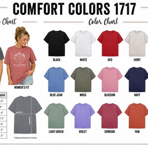 Peut inclure: Tableau des tailles et des couleurs pour le t-shirt Comfort Colors 1717. Comprend un tableau avec les mesures de largeur et de longueur en pouces, deux mod&egrave;les portant des t-shirts graphiques et une grille de quinze t-shirts unis avec leurs noms.