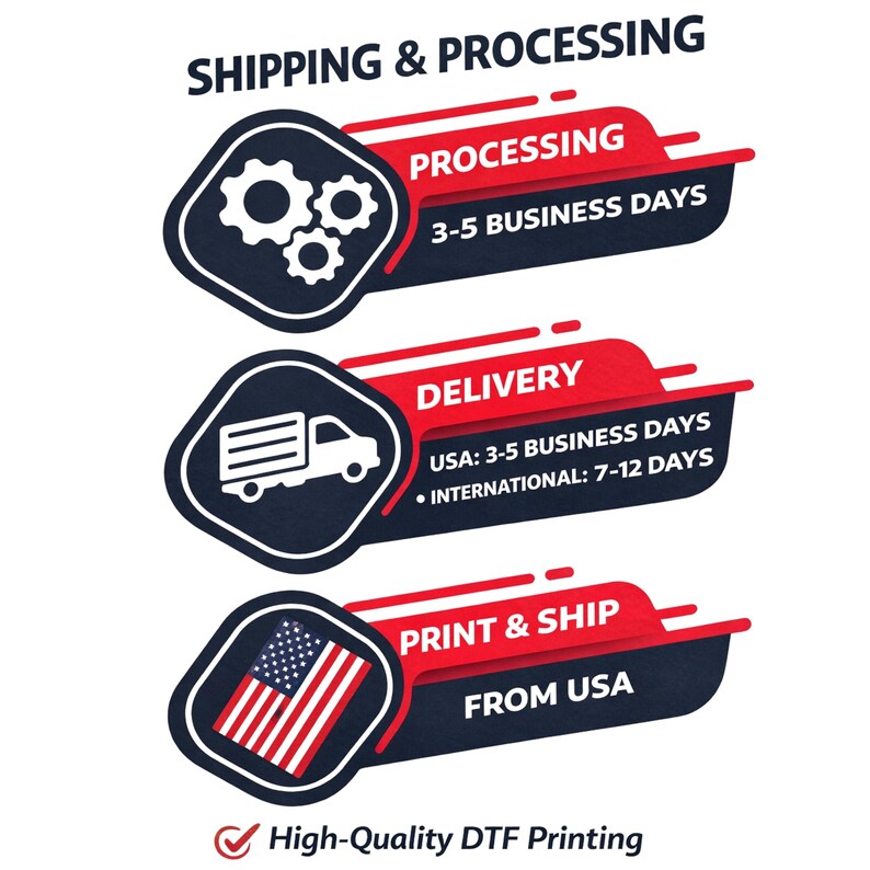 Peut inclure: Un graphique avec le texte SHIPPING & PROCESSING, pr&eacute;sentant trois ic&ocirc;nes bleu fonc&eacute; et rouge. La premi&egrave;re montre des engrenages et le texte 3-5 BUSINESS DAYS. La deuxi&egrave;me montre une ic&ocirc;ne de camion avec des d&eacute;lais. La troisi&egrave;me montre un drapeau am&eacute;ricain.