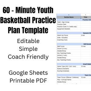 Könnte beinhalten: Basketball-Trainingsplanvorlage mit blau-weißem Tabellenlayout. Der Titel lautet "60-Minuten Jugend Basketball Trainingsplan Vorlage". Enthält Abschnitte für Warm-up, Skill-Entwicklung und kleine Spiele. Bearbeitbar, einfach und Trainerfreundlich.