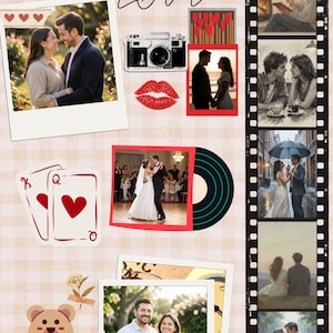 Könnte beinhalten: Eine Collage mit den Worten "moment LOVE" oben. Sie zeigt Polaroidfotos von Paaren, Spielkarten, einer Vintage-Kamera, einer Schallplatte, einem Teddybären mit einem Herzen und einem roten Lippenabdruck. Die Fotos zeigen romantische Momente.