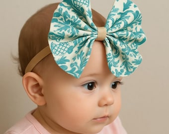 Diadema extragrande con lazo de damasco verde azulado para bebé: algodón suave, accesorio para fotos