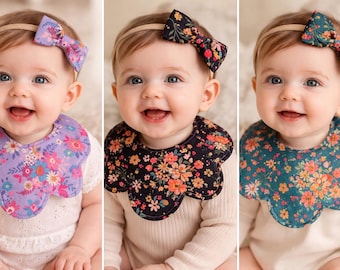 Babero festoneado para niña / Babero floral para la baba / Babero de algodón / Babero para la dentición (3-12 meses) / Regalo para baby shower / Accesorio para fotos de bebé / Hecho a mano