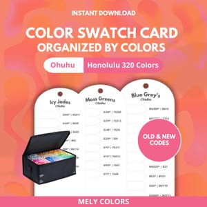 Op de afbeelding: Een digitale kleurstalenkaart georganiseerd op kleur, met Ohuhu Honolulu 320 kleuren. De afbeelding bevat kleurstalen voor Icy Jades, Moss Greens en Blue Greys, samen met een zwarte draagtas vol stiften. De tekst luidt "Old & New Codes."
