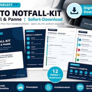 Peut inclure: Un ensemble de téléchargement numérique intitulé AUTO NOTFALL-KIT comprenant 12 pages et une carte d'urgence. Les documents incluent une liste de contrôle d'accident, un plan de panne et des fiches de données pour les accidents et pannes.