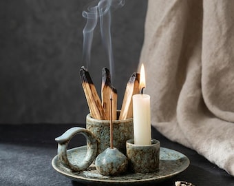 Quemador de incienso, porta incienso de cerámica, porta velas de altar, cuenco de palo santo, porta salvia, decoración del hogar para aromaterapia y meditación, regalo ritual