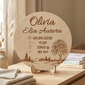 Targa personalizzata con i dati di nascita del bambino, targa per annuncio di nascita a tema bosco, decorazione in legno per la cameretta con il nome, regalo ricordo personalizzato per il battesimo.