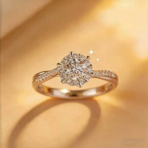 May include: A gold engagement ring featuring a large, round, clear gemstone. The band is embellished with smaller, sparkling stones. The ring is set against a warm, golden background, creating a luxurious feel.
