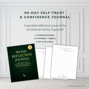 May include: A 90-Day Reflection Journal with a dark green cover and gold accents. The journal is for self-love, inner intelligence, and confidence. The image also shows loose-leaf reflection notes and text that reads "Guided prompts", "Printable + Digital", and "A4 & US Letter".