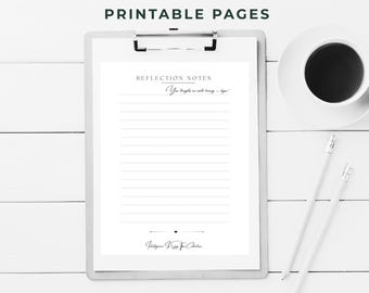 Notas de reflexión, 20 páginas imprimibles, indicaciones y citas, diario minimalista de claridad y autoconfianza, descarga instantánea en PDF.