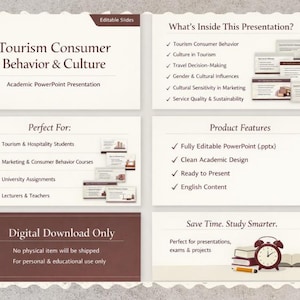 May include: A PowerPoint presentation on tourism consumer behavior and culture. The presentation includes sections on consumer behavior, culture, decision-making, and marketing. It is designed for students, courses, and assignments. The presentation is a digital download.