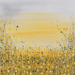 Abstract Meadow Canvas, Yellow and Grey Blooms (Textured Wall Art)