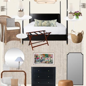 May include: A bedroom interior design featuring a black four-poster bed, a wicker chair, and a black dresser. The room includes a round mirror, a small table, and a Hisense Canvas TV. The color palette is neutral with pops of color.