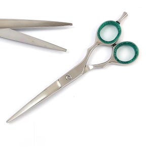 15cm Professional Hair Cutting Shears, Stainless Steel Barber Scissors with Green Glitter Rings