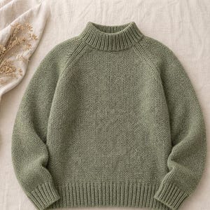 Pode incluir: Um suéter de malha verde sálvia com gola alta e mangas raglan. Os punhos e a bainha canelados proporcionam um visual acabado. O suéter é feito de um fio macio e texturizado, perfeito para climas mais frios.