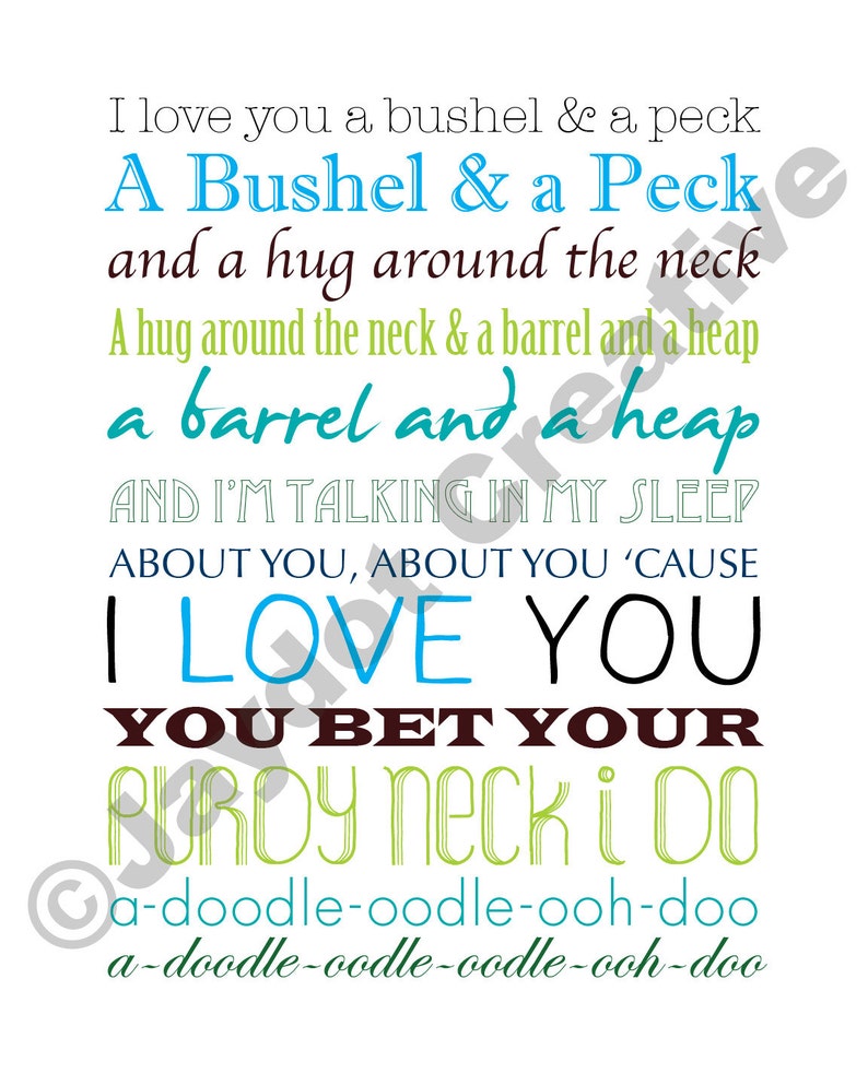 BUSHEL AND A PECK Printable Lyrics Artwork Blues &amp; Greens | Etsy