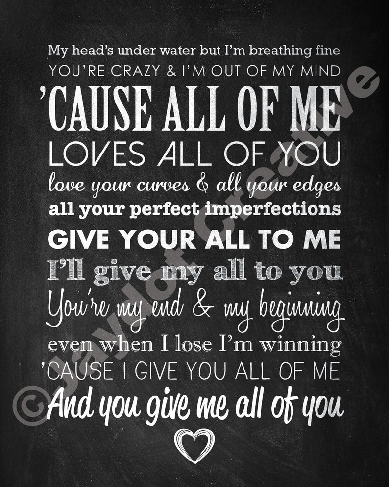 John Legend All Of Me Druckbare Lyrics Kunstwerk Etsy