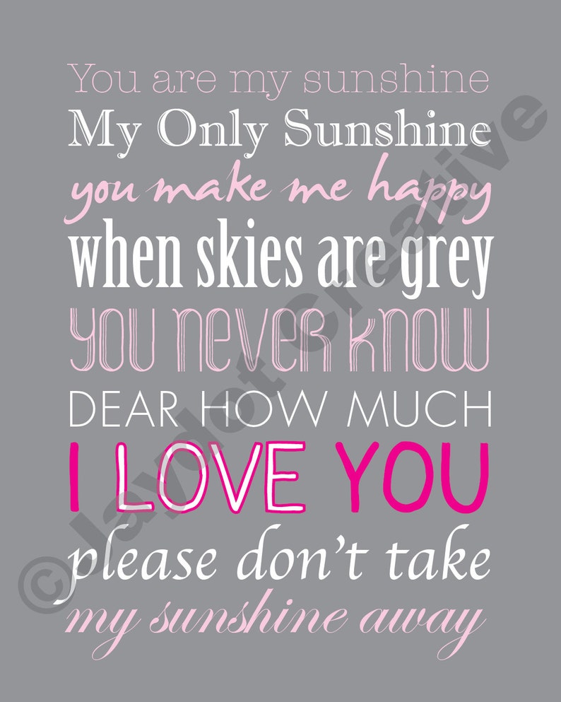 YOU Are MY SUNSHINE Printable Lyrics Artwork Grey & Pink Etsy