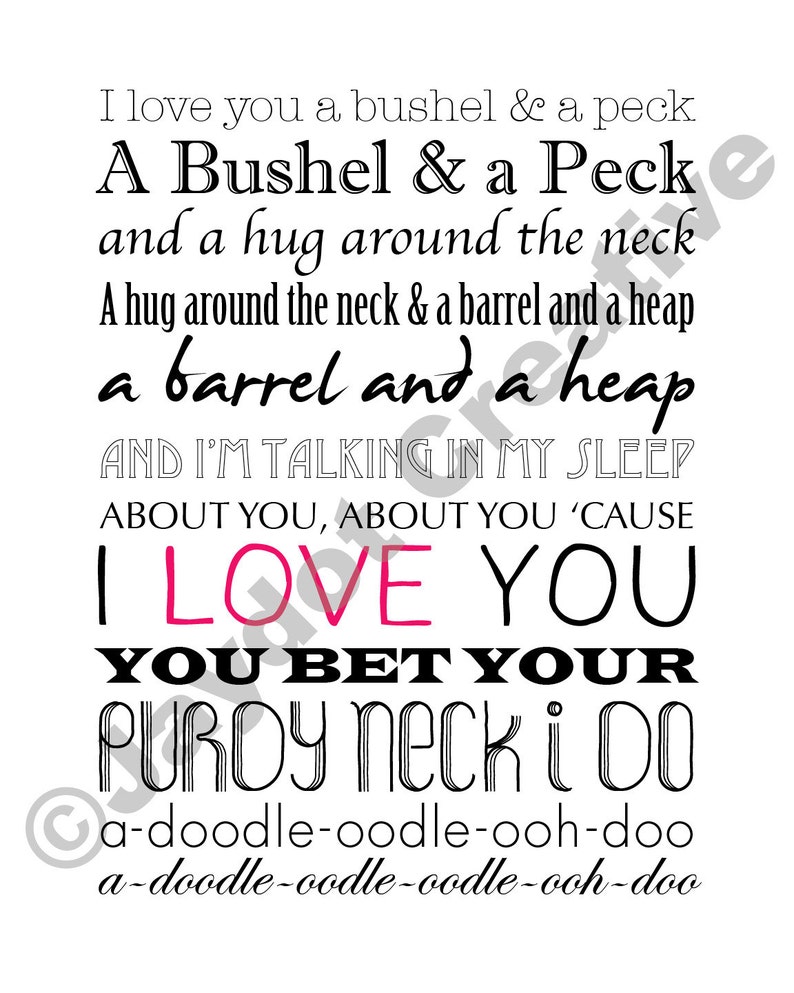 BUSHEL AND A PECK Printable Lyrics Artwork Black &amp; Pink | Etsy