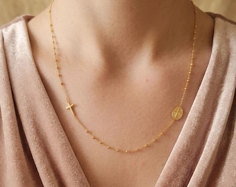Dainty Gold Rosary Necklace Sterling Silver, Miraculous Medal Virgin Mary Sideway Cross Beaded Chain, Catholic Religious Gift for Her Mom