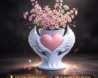 Maceta con alas de corazón, jarrón romántico, modelo de impresión 3D (descarga digital)