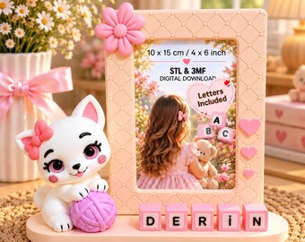 3D Printable Nursery Decor: Personalized Cat Photo Frame STL – Alphabet Blocks, 10x15cm
