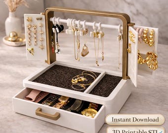 Organizador de joyas STL, soporte para collares y pendientes con cajón