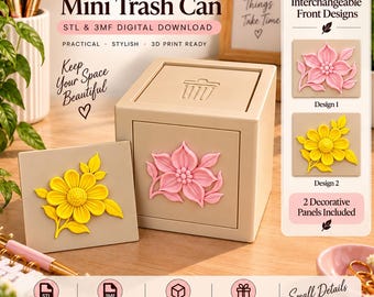 Mini Desktop Trash Can with Interchangeable Floral Panels – 3D Print File