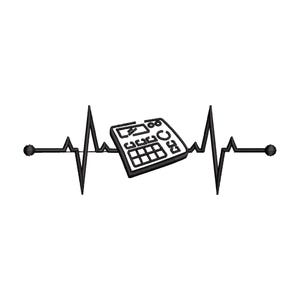 May include: Black and white graphic of a calculator integrated into a heartbeat line. The calculator is a detailed, three-dimensional representation with buttons and a display. The heartbeat line extends to both sides.