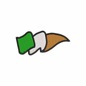 May include: Embroidered Irish flag in green, white, and orange, with a black outline. The flag is in a pennant shape, suitable for patches, stickers, or other crafts.