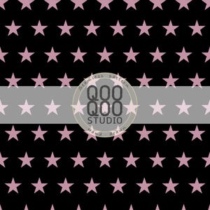 May include: Seamless pattern featuring rows of pink stars on a black background. A light gray horizontal band intersects the design, with a circular logo that reads "QOO STUDIO Hand drawn". The pattern is suitable for various design applications.