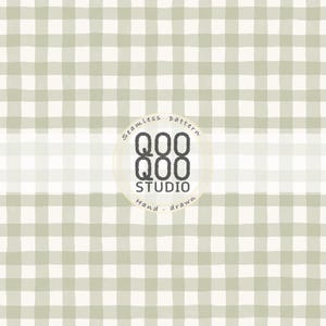 May include: A seamless pattern featuring a hand-drawn sage green and off-white gingham check design. Centered on the pattern is a circular logo with the text QOO QOO STUDIO, Seamless pattern, and Hand-drawn written in a dark gray font.