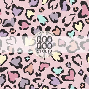 May include: A seamless pattern featuring a light pink background with scattered heart-shaped spots outlined in black. The hearts are filled with pastel colors including lavender, yellow, mint green, and rose. Text reads QOO QOO STUDIO.