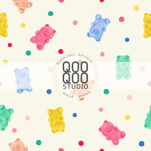 May include: A seamless pattern featuring colorful gummy bears in shades of pink, blue, yellow, green, and peach, interspersed with small polka dots on a cream background. A circular logo in the center reads QOO QOO STUDIO Seamless pattern Hand-drawn.