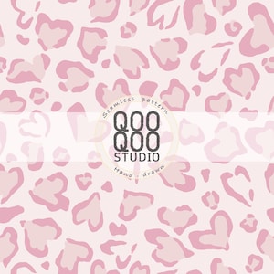 May include: A seamless pattern featuring a repeating leopard print design in shades of light pink and soft rose. A circular logo is centred on the image, containing the text Seamless pattern QOO QOO STUDIO Hand-drawn in black lettering.