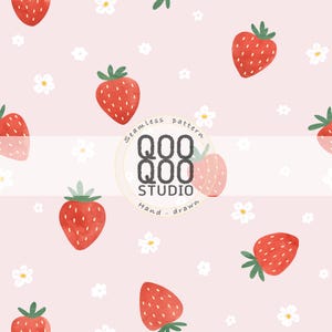 Strawberry Blossom Seamless Pattern, Hand-Drawn Surface Design (Digital Download)