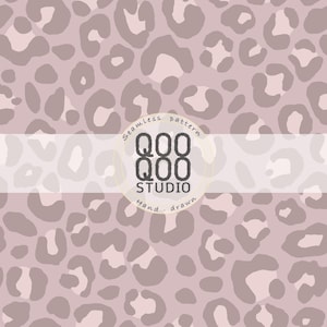 May include: A seamless pattern featuring a repeating leopard print design in shades of dusty pink and muted taupe. A circular logo overlay in the center displays the text QOO QOO STUDIO with the words Seamless pattern and Hand-drawn.
