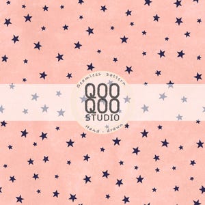 May include: Seamless pattern featuring navy blue stars scattered on a light pink background. A white horizontal band across the center displays the text "QOO QOO STUDIO" and "Hand-drawn". The design has a watercolor texture.