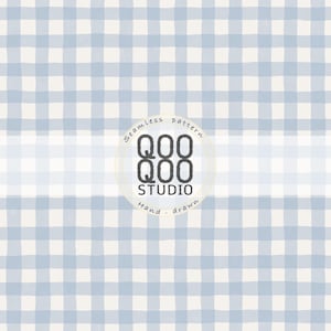 May include: A seamless pattern featuring a hand-drawn light blue and off-white gingham check design. Centered is a circular logo containing the text QOO QOO STUDIO, with the words Seamless pattern and Hand-drawn curved along the border.
