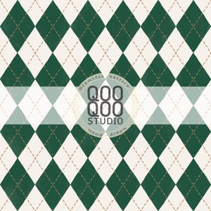 May include: A seamless argyle pattern featuring dark green diamonds on a cream background, accented by thin, dashed brown lines. A circular logo in the center displays the text QOO QOO STUDIO, Seamless pattern, and Hand-drawn.