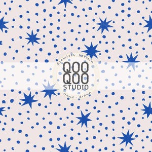 May include: A seamless pattern featuring hand-drawn blue stars and dots on a light pink background. The design includes the text "Seamless pattern" and "QOO STUDIO Hand-drawn" in a circular logo.
