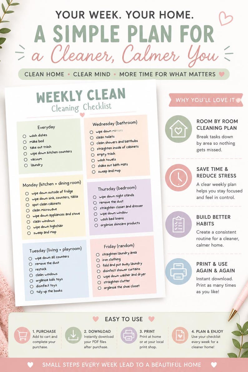 Weekly Cleaning Checklist Printable | ADHD Planner PDF | Busy Moms ...